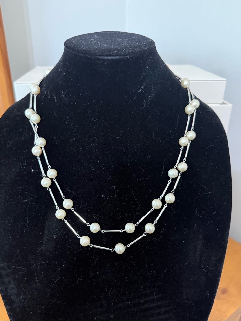 Vintage long Strand Pearl and Silver stick Necklace